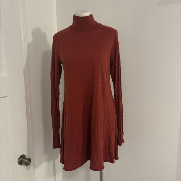 Free People size Small Cotton Modal Blend Soft Burnt Orange Mock Neck Fall Dress - Picture 1 of 12